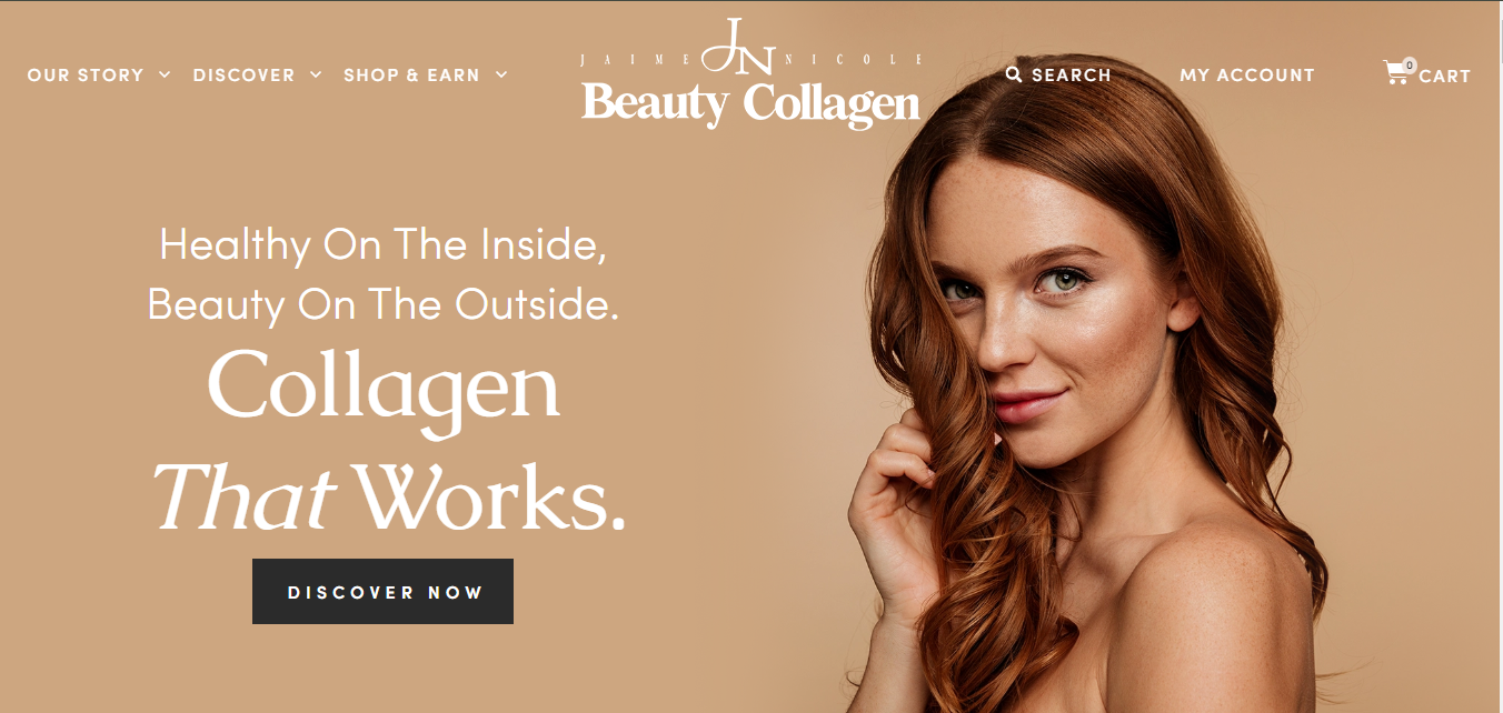 Beauty Collagen homepage with a portrait and a discover-now call to action