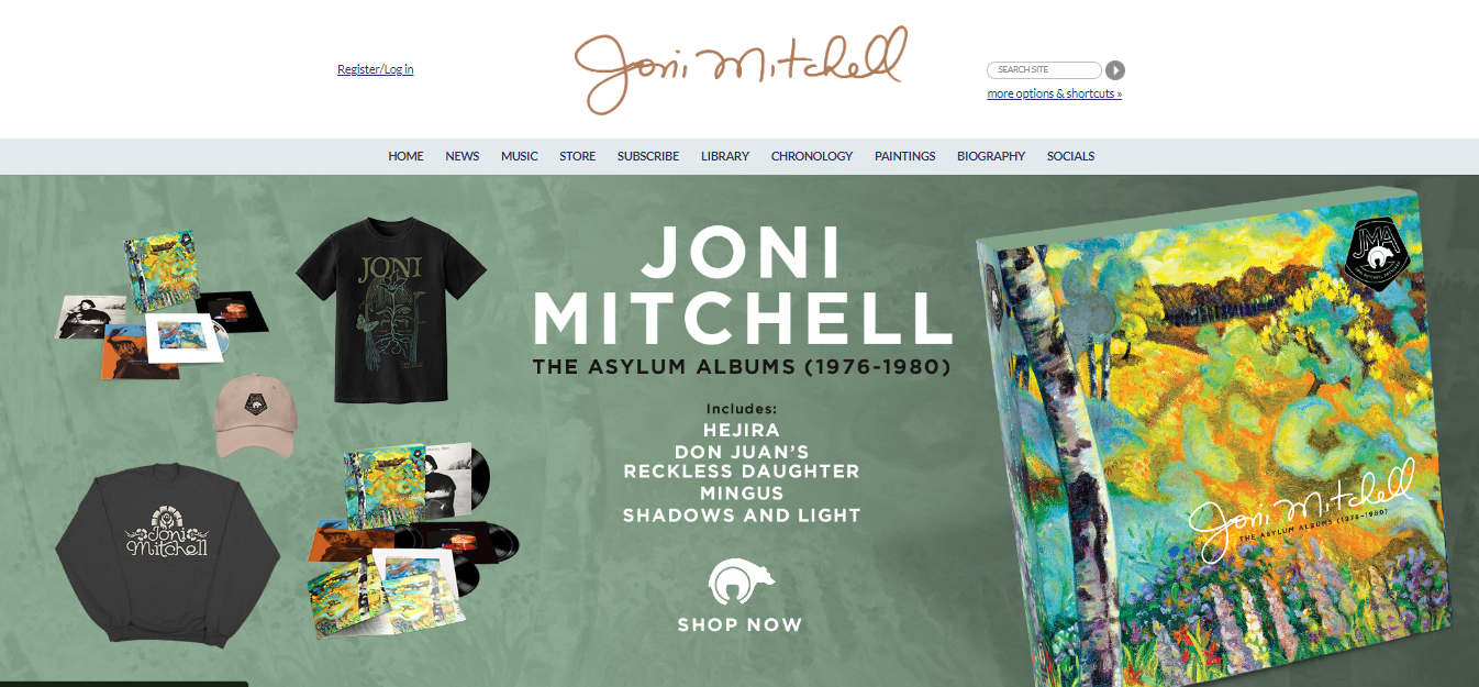 Joni Mitchell store hero with the Asylum albums box set and merch
