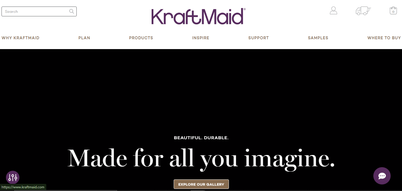 KraftMaid homepage with a black field and a gallery call to action