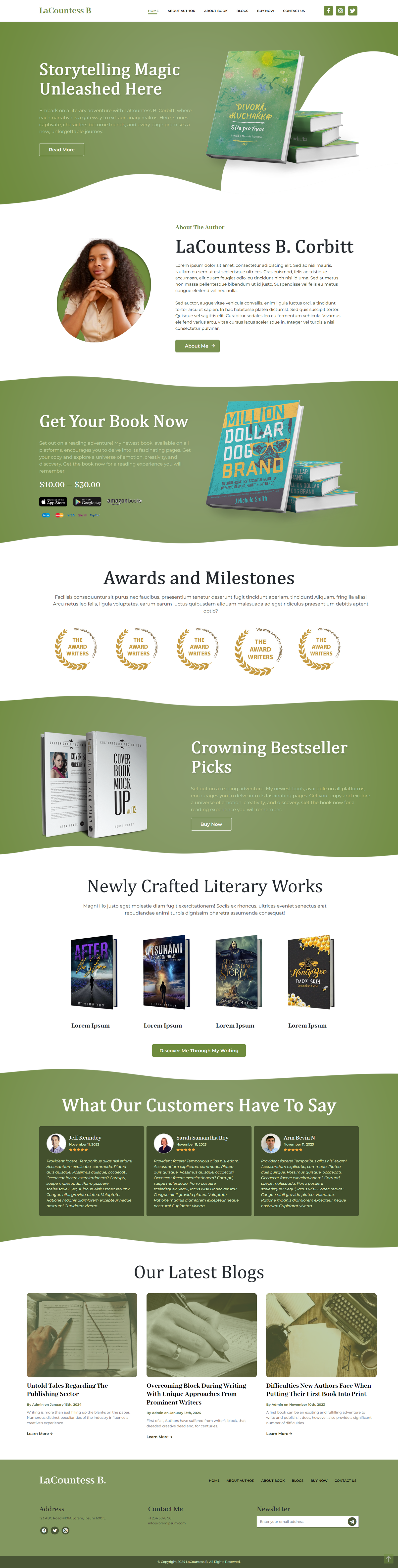 La Countess B. Corbitt author site with green field, book shop and cover row