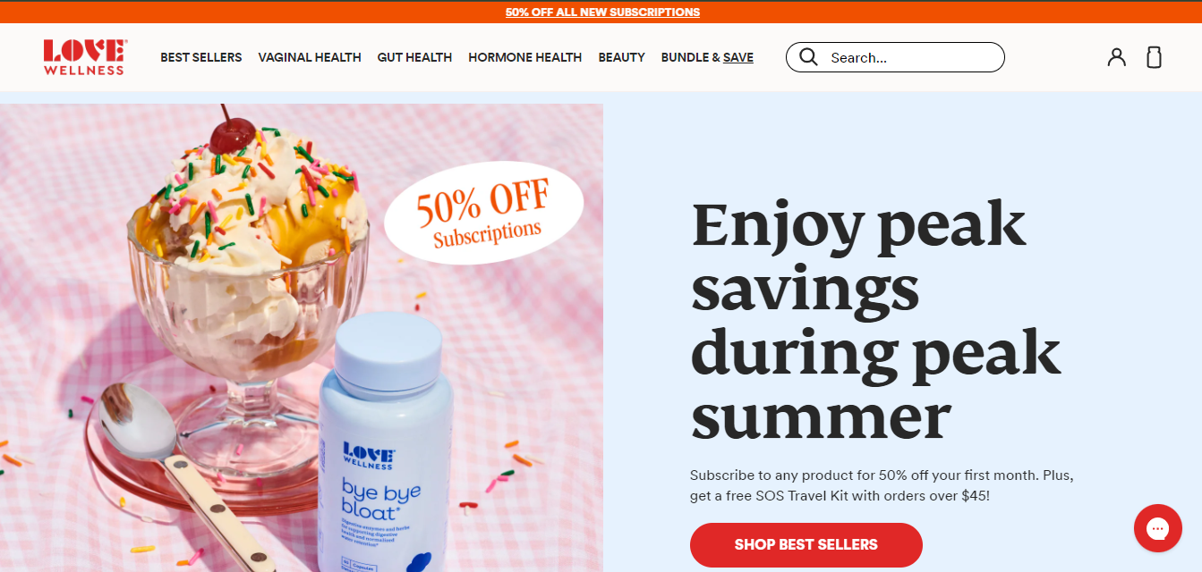 Love Wellness homepage with an ice-cream still, Bye Bye Bloat bottle and a summer offer