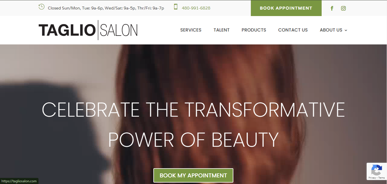 Taglo Salon homepage with a book-appointment button and a beauty-led hero