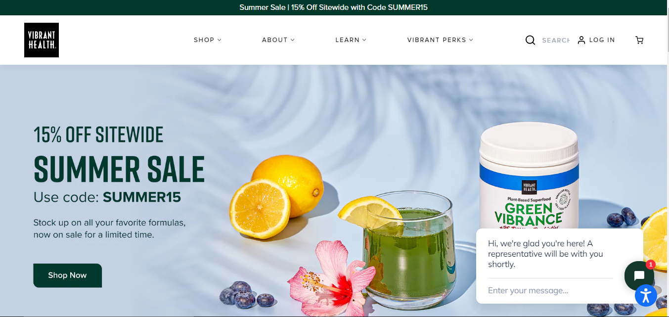 Vibrant Health homepage with a Green Vibrance jar, lemon and summer sale offer